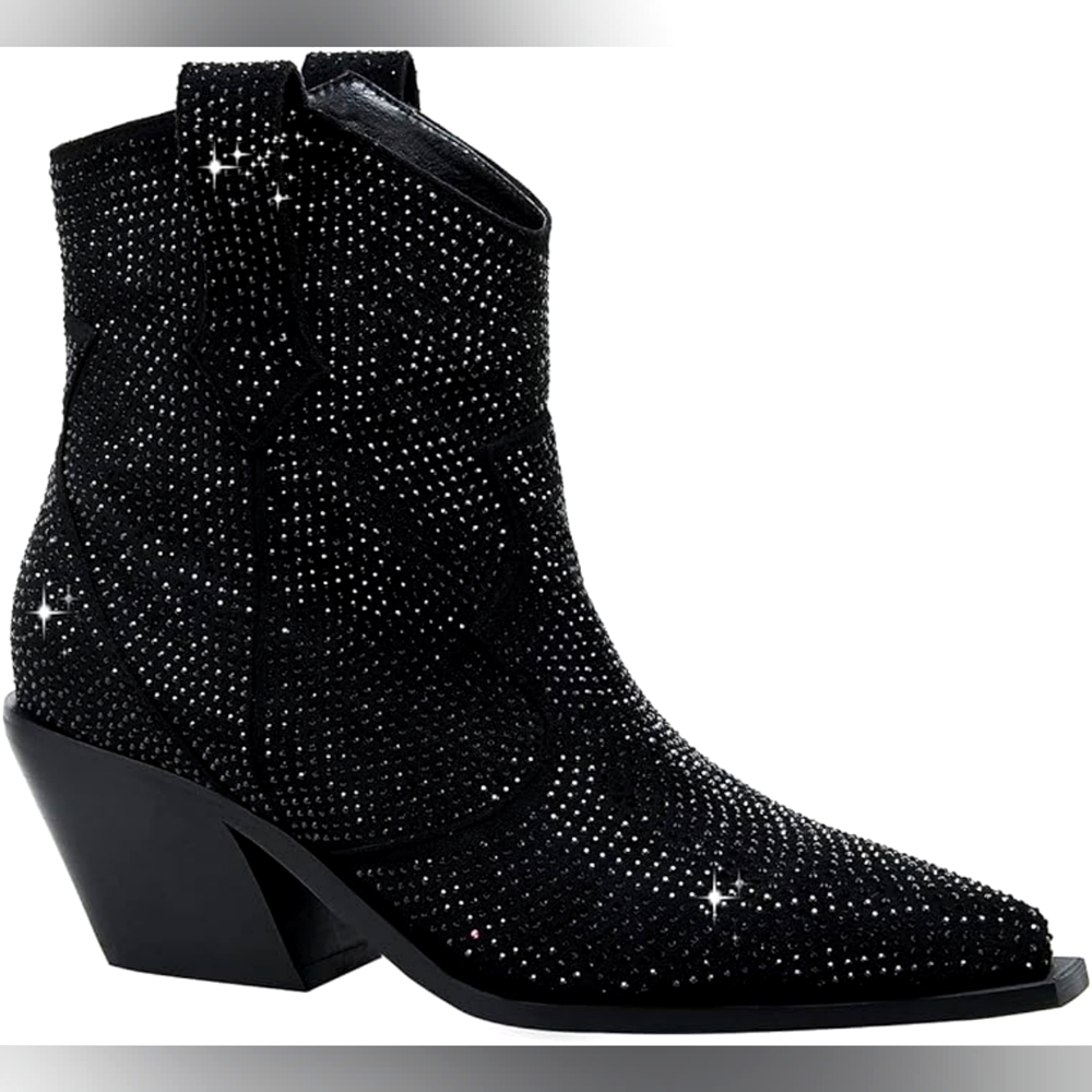 Beautiful Black Rhinestone Crystal Diamante Western Ankle Boots